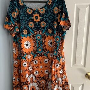 Floral Scoop Neck Women’s dress in Orange & Teal
